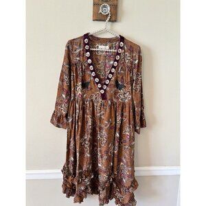 Odd Molly Womens Size 2 Brown Floral Silk Dress Velvet Trim Ruffles Sequins